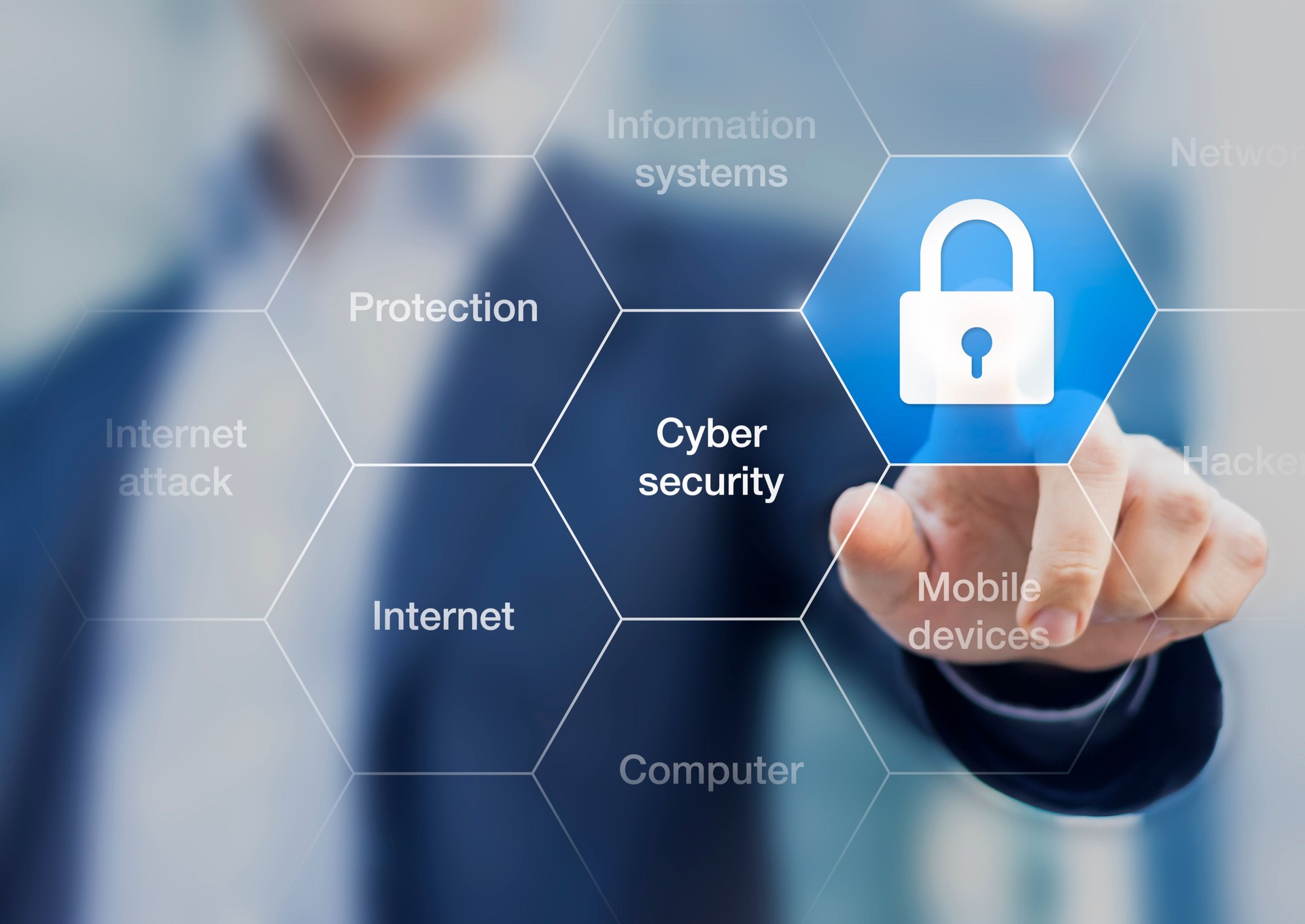 Cyber security concept on virtual screen,  consultant presentation