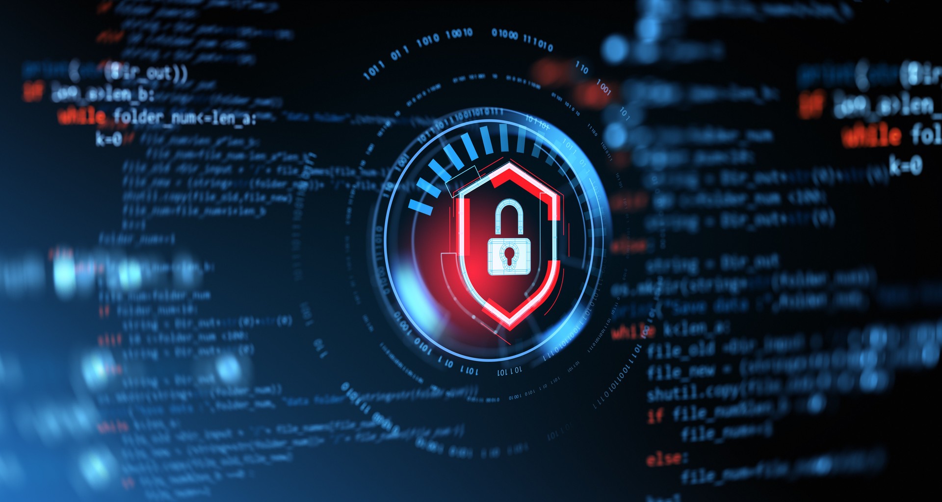 3D illustration of cybersecurity protection symbol with code background, representing data security and encryption concepts. 3D Rendering